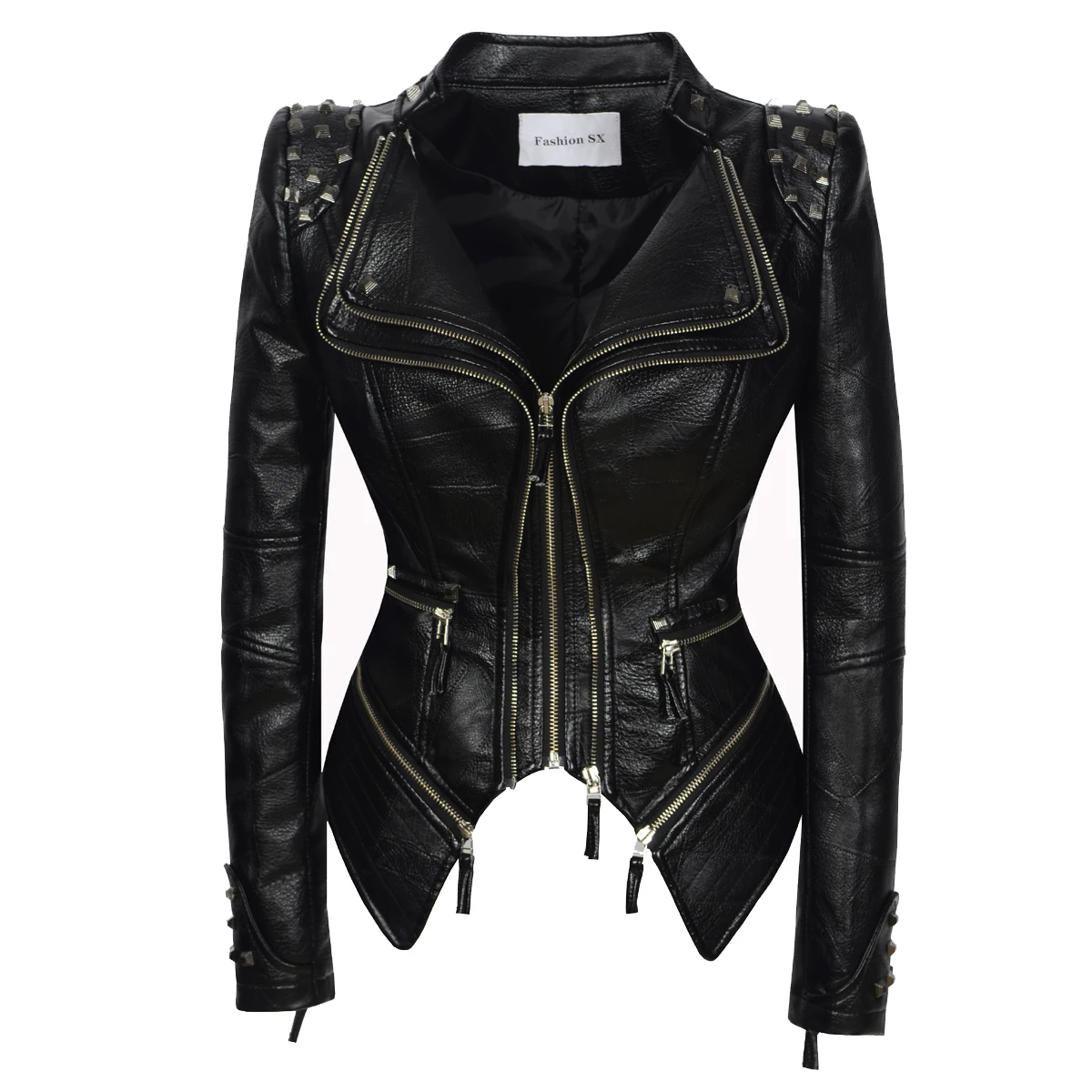 SX Women\'s synthetic leather PU slim fitting jacket punk rivet motorcycle bicycle jacket