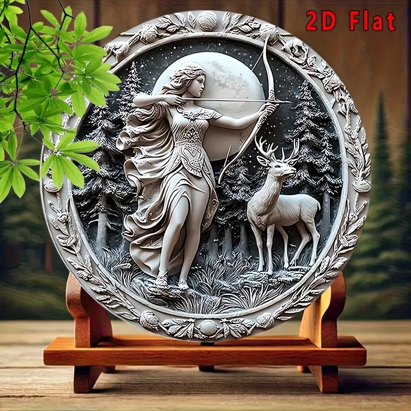 2D Flat, 2D Flat 1pc, Round 2D Artemis Goddess Moon and Deer 8" Iron Metal Sign - Vintage Wall Art - Mythology Decor for Home, B - Detail 1