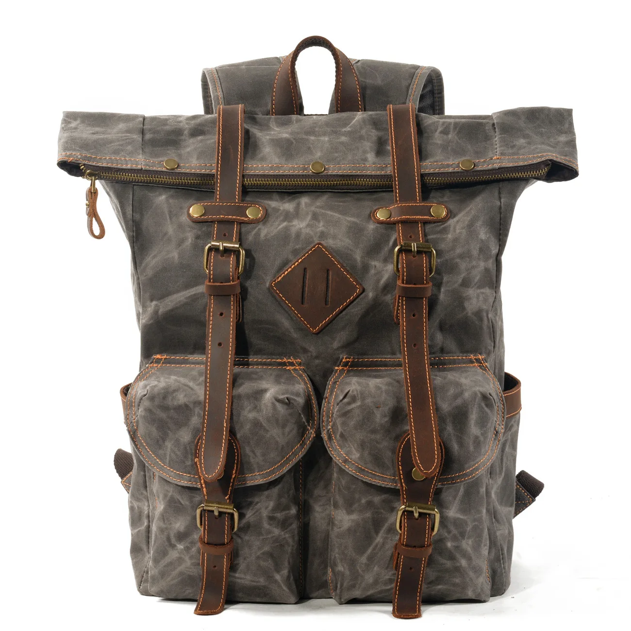 Vintage Waxed Canvas Roll‑Top Backpack,15 Inch Laptop, Full‑Grain Leather Straps Dual Front Pockets Waterproof Travel Rucksack