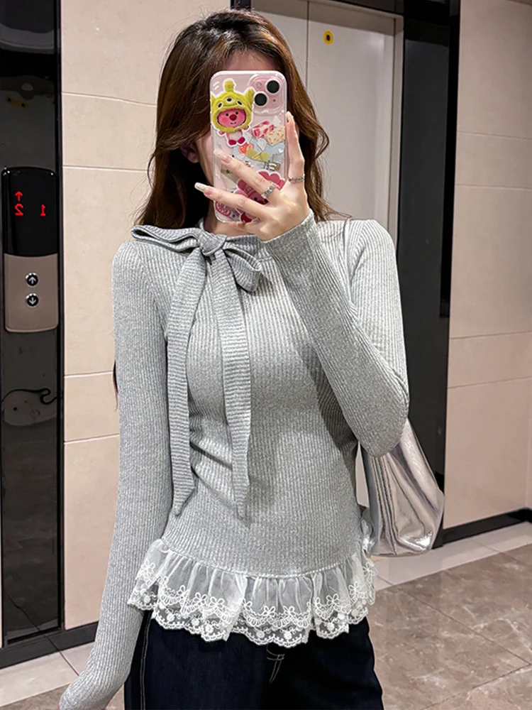 المرأة طويلة Sve Fce Ne معلقة Saes تي شيرت الدانتيل تقليم قاعدة irt ملابس داخلية علوية لخريف شتاء تصميم فتاة حار