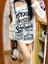 HOUZHOU Vintage Letter Graphic T-shirts Women Off Shoulder Y2k Aesthetic Oversized Grunge Punk Korean Harajuku See Through Tees