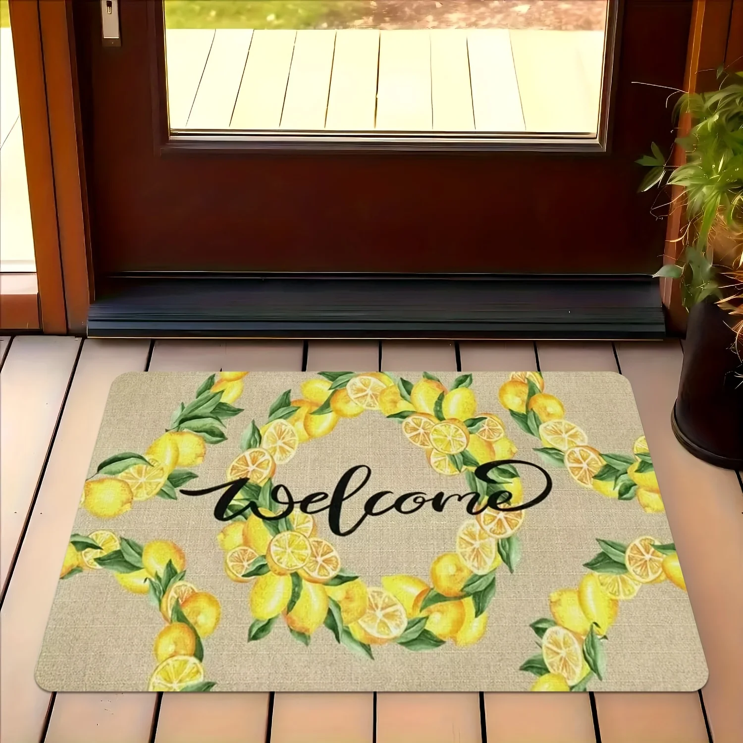 Lemon Welcome Design Doormat-Machine Washable, Bright Yellow Lemons and Green Leaves, Perfect for Bathroom, Living Room, Kitchen
