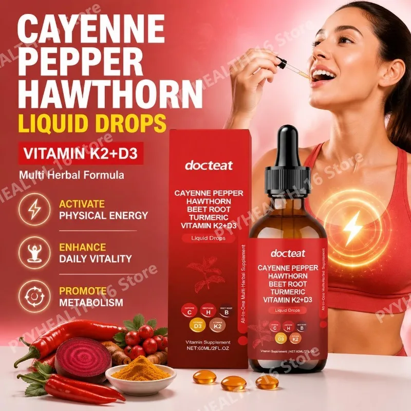 Docteat Vitamin K2+D3 Liquid Drops with Cayenne Pepper Turmeric Beet Root Herbal Extract Formula Daily Wellness Support 60ml