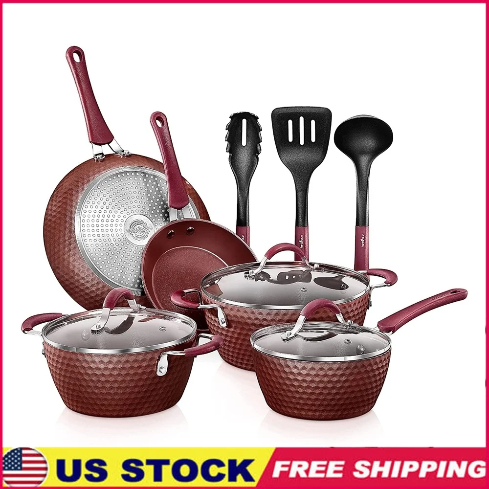 

11 Piece Nonstick Cookware Set Pots and Pans Kitchen Cookware Set with Glass Lids Silicone Handles Frying Pan Cooking Utensils