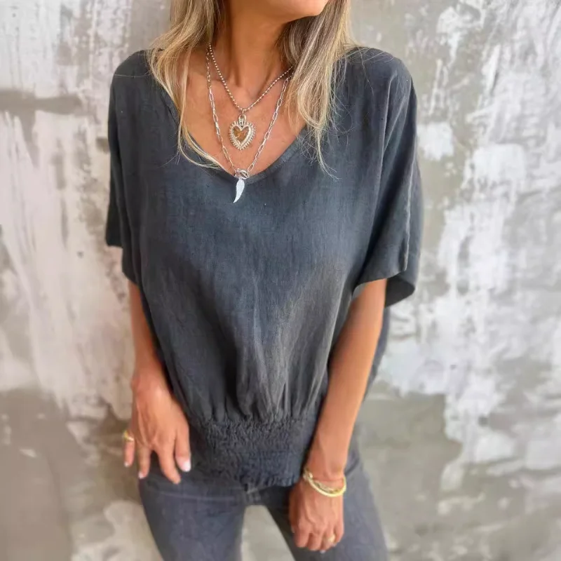Women Solid Cotton Linen T Shirt V Neck Short Sleeve Smocked Waist Loose Casual Daily Blouse Tops