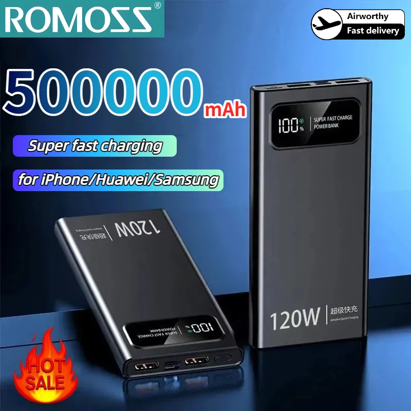 

Внешний аккумулятор ROMOSS 120W 500000mAh большой емкости с супербыстрой зарядкой и цифровым дисплеем для iPhone, Huawei, Samsung