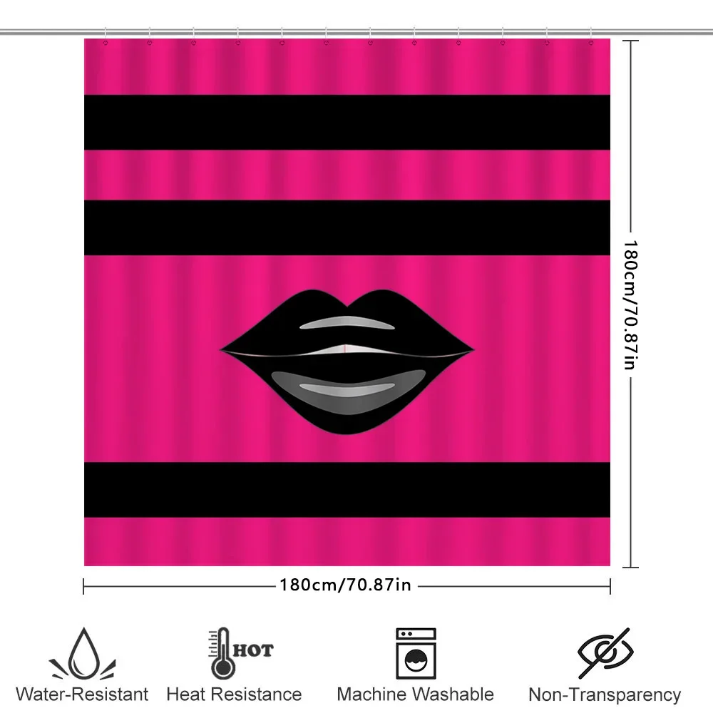 Bright Pink Black Striped Shower Curtain with Lip Design for Bathroom Decor Waterproof Bath Liner view 6