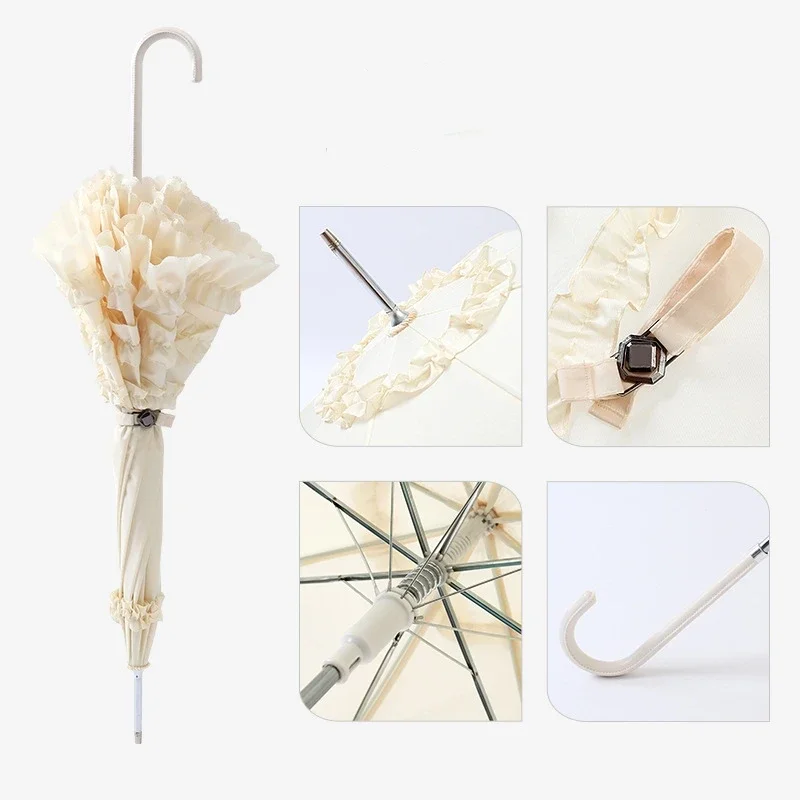 Sombrilla de flores de encaje de mango largo para mujer, sombrilla a prueba de viento, lluvia, marfil, forma de Pagoda, paraguas de Boda nupcial de princesa