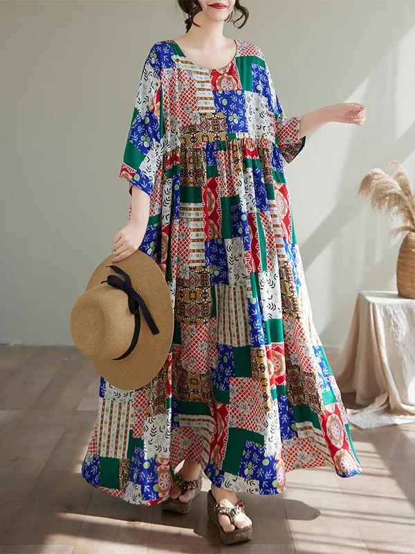 

Summer New Sle Thin Print round Ne Svel Dr for Middle-Aged Women Large Flounce A-Line Skirt Polyester Cotton Blend