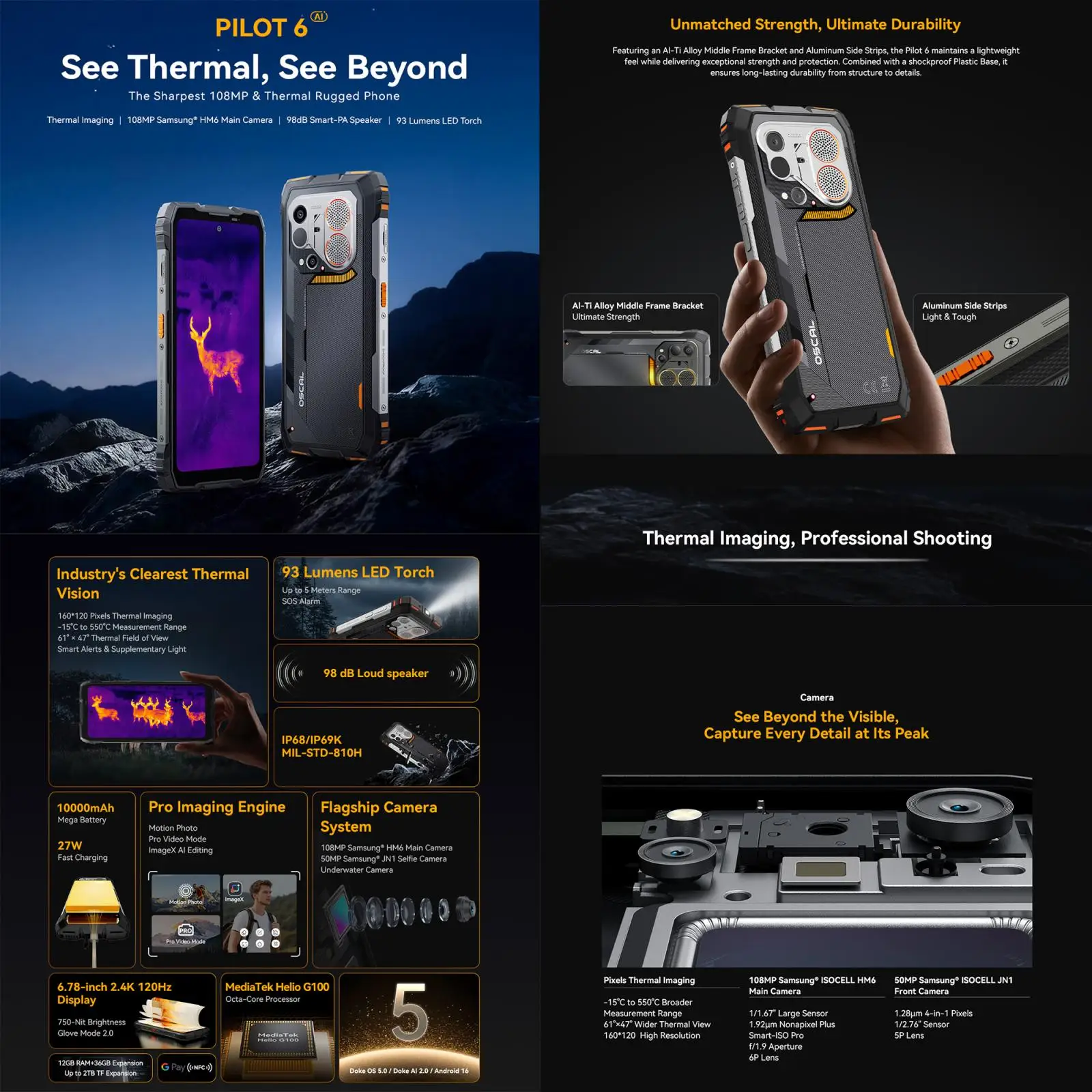 Blackview Oscal Pilot 6 Rugged Smartphone Thermal Imaging 6.78'' 120Hz 12GB 256GB 108MP 10000mAh Helio G100 NFC Android 16