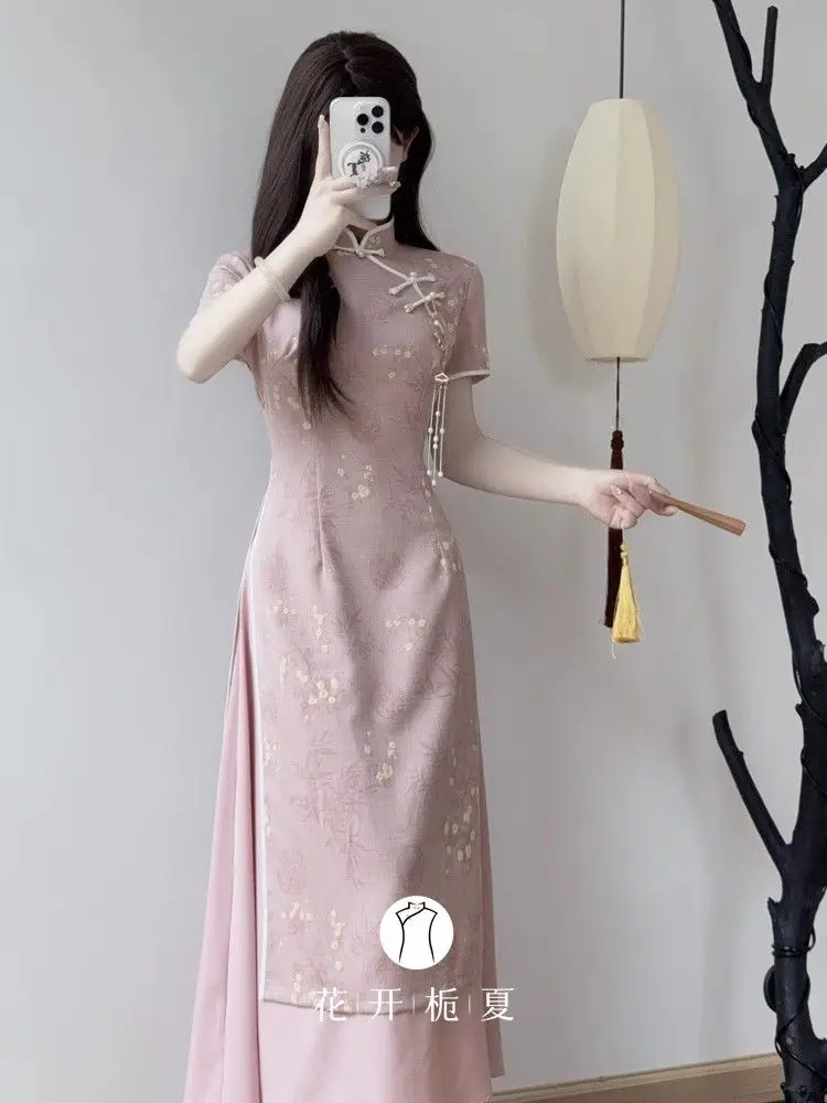 rosa-ao-dai-qipao-2025-vestido-chines-moderno-estampa-floral-cheongsam-jovens-mulheres-verao-folklore-vestido-tradicional