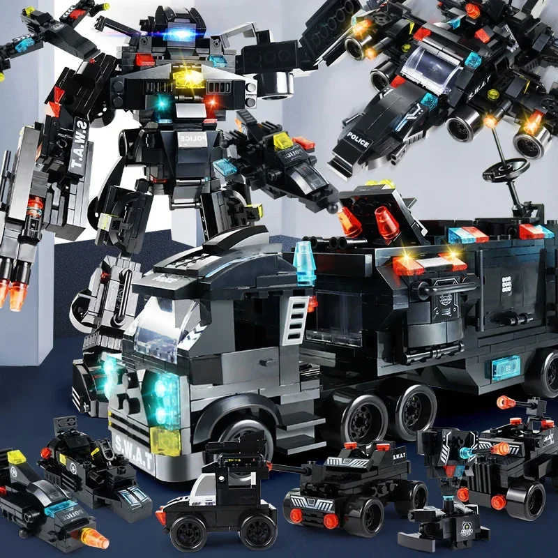 

585pcs 8in1 SWAT Police Station Command Truck Model Building Blocks City Helicopter Bricks Kit Educational Toys for Children