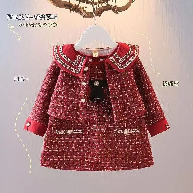

Girl Small Fragrant Wind Sleeveless Dresses Fashion SuitGirls Tweed Jacket Princess Dress 2 Pcs Sets Winter 2026 New Baby