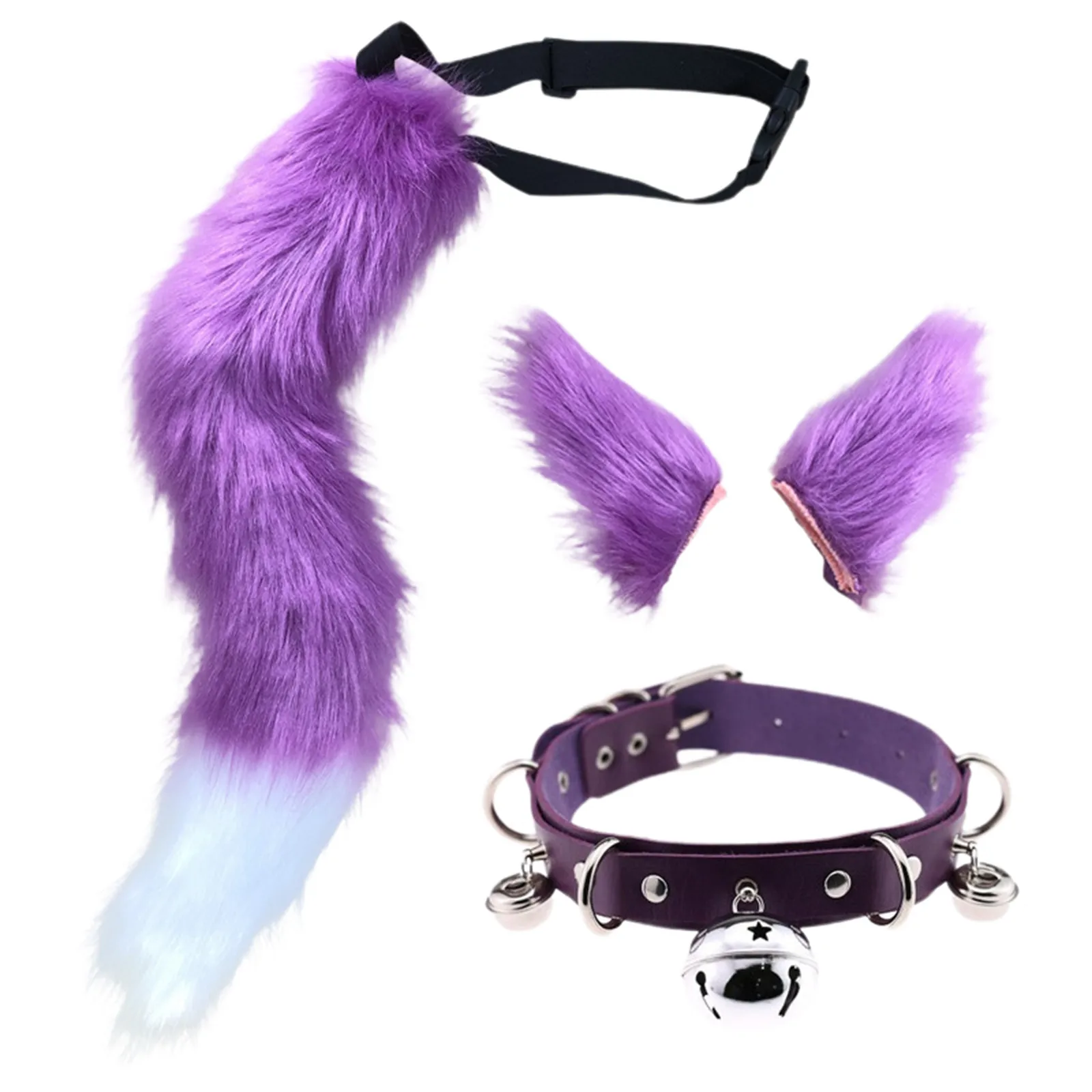 Faux Fur Kitten Wolf Long Tail Ears Hair Clips And Bell Faux Leather Neck Collar Choker Set Anime Halloween Party Cosplay