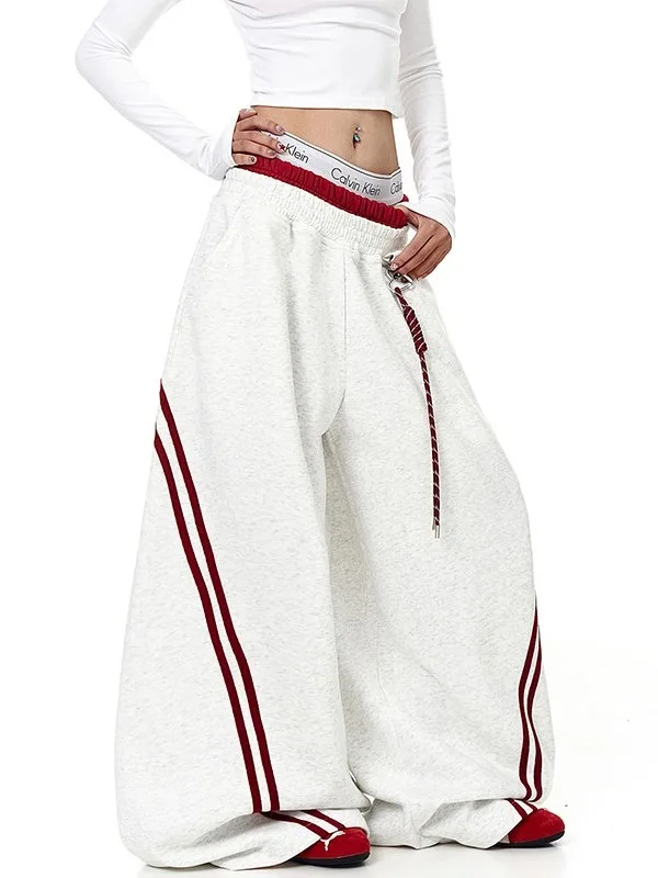 American Retro Striped Splicing Color Block Wide Leg Pants Men Women Style Sport Double Waist Head Jazz Dance Pants