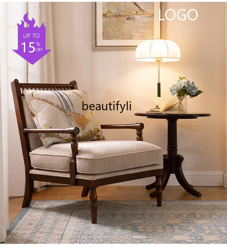 Q181  French Retro Solid Wood Single Sofa American Country Fabric Wingback Chair Casual Belt Armrest Chair