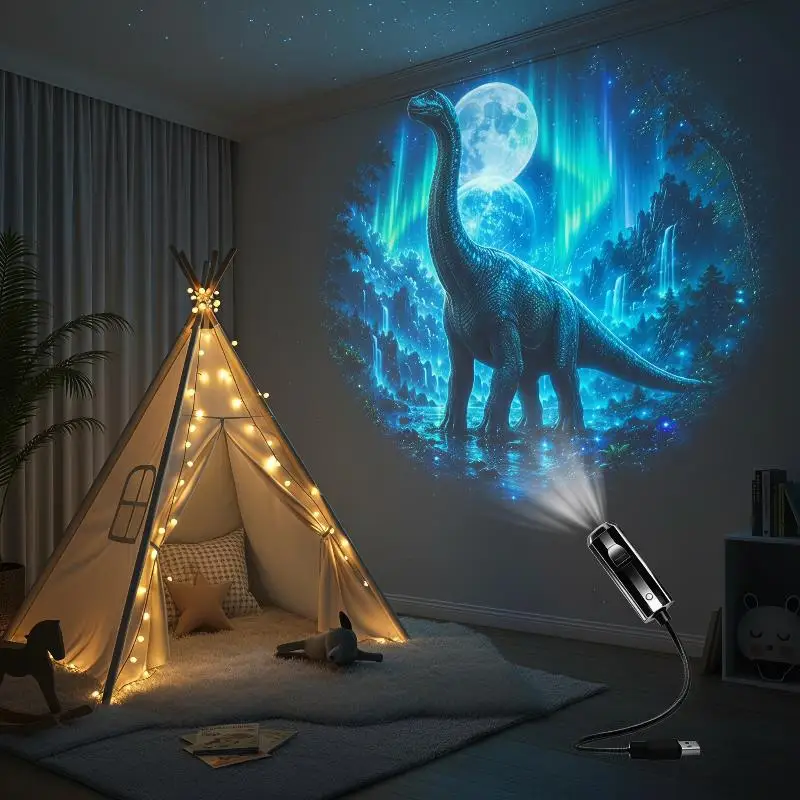 Creative Dinosaur-Themed USB Projection Light 360° Rotatable Night Light For Bedroom Ceiling Ambiance Decoration