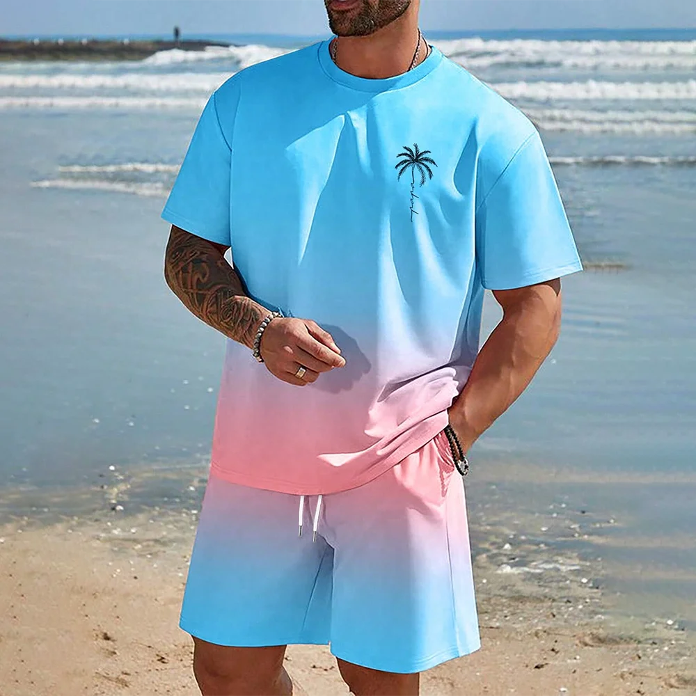 

Gradient Coconut Tree Men's Set 3D Printed Summer Beach Hawaiian Style T-shirt+pants two-piece casual sports plus size men's set