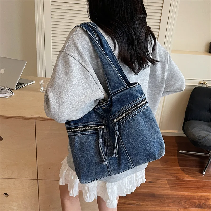

2025 Vintage Denimn Shoulder Bags Large Capacity Canvas Tote Bags Solid Fashion Commuting Travel Handbags Ladies Purse Tote Bags