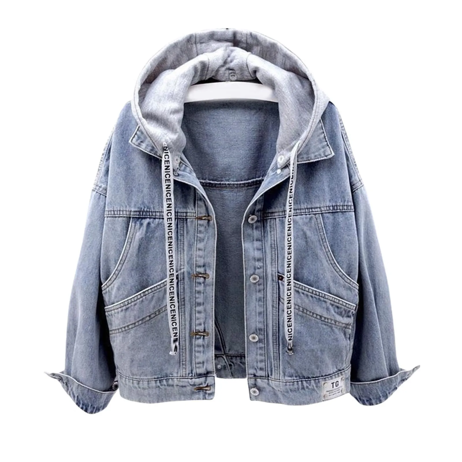 

Women'S Hooded Denim Jean Jacket Autumn Pocket Short Hooded Loose Turn Down Collar Denim Coats Casual Streetwear Denim Jacket