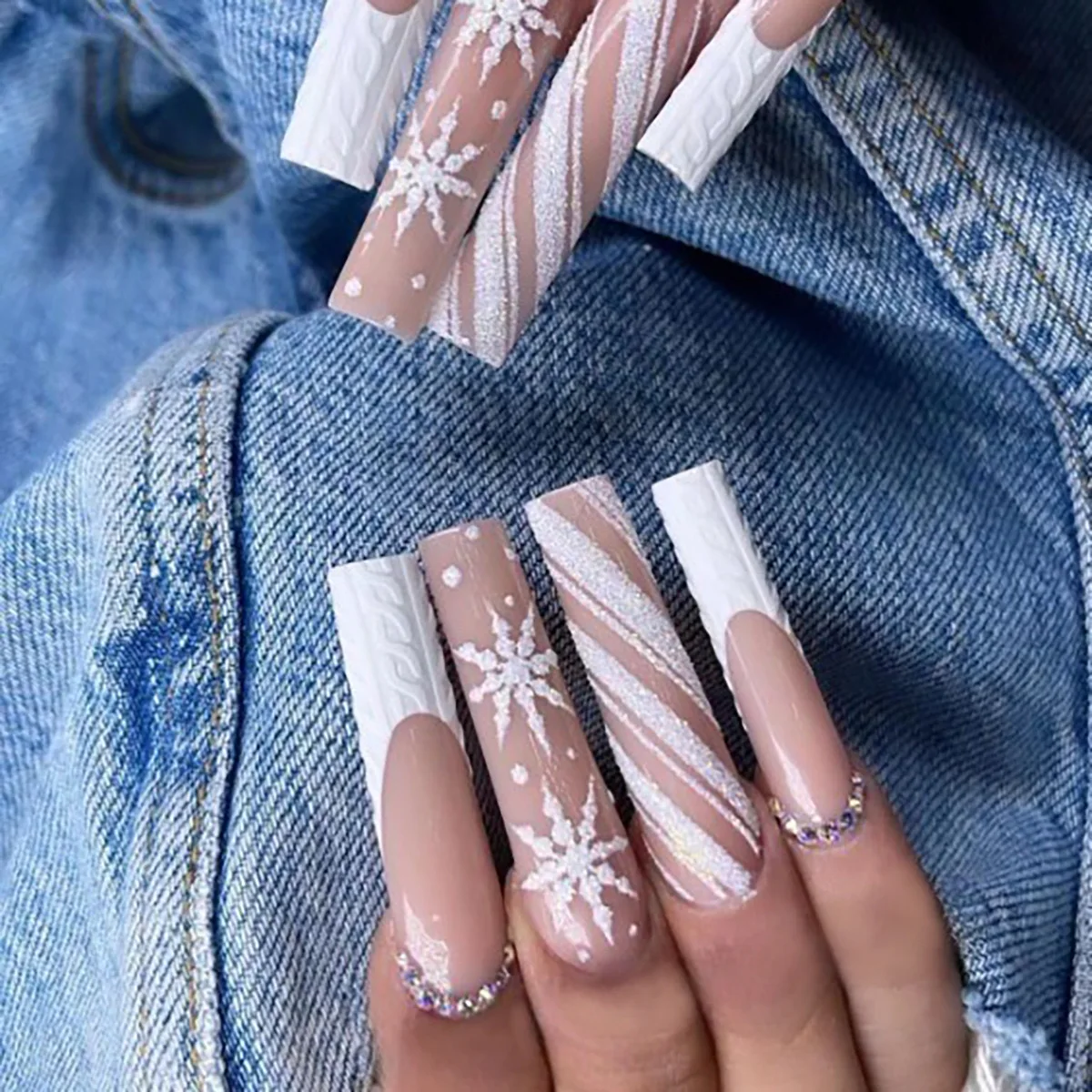 24pcs פתית שלג לבן ציפורניים מזויפות ארון ארוך ציפורניים מזויפת קו בלרינה להסרה להסרה מלאה כיסוי מסמר טיפים ללחוץ על הציפורניים