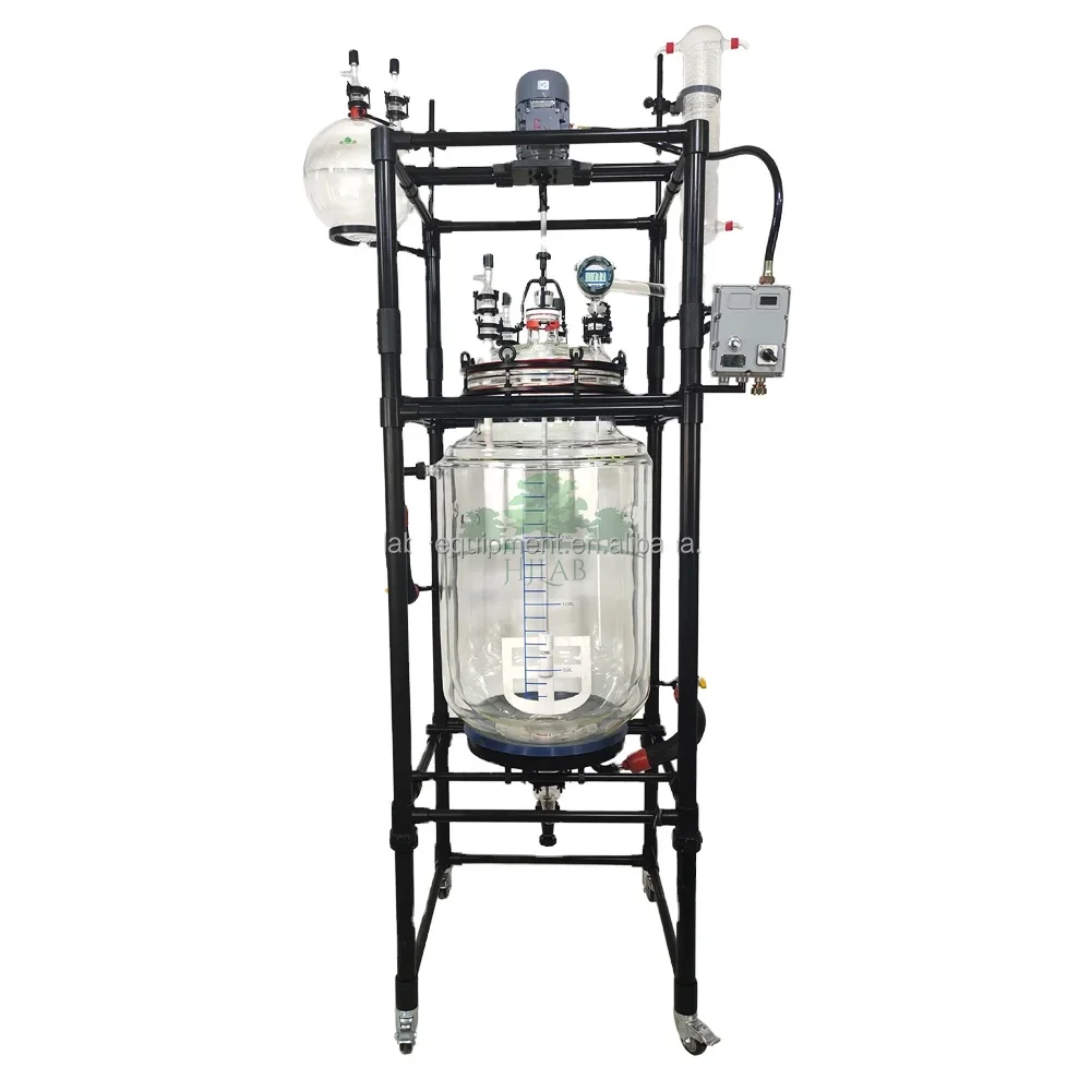 Customized 150L 200L Jacketed Glass Reactor with 400mm ID Big Opening Glass Lid and PTFE-Coated Supporting Frame