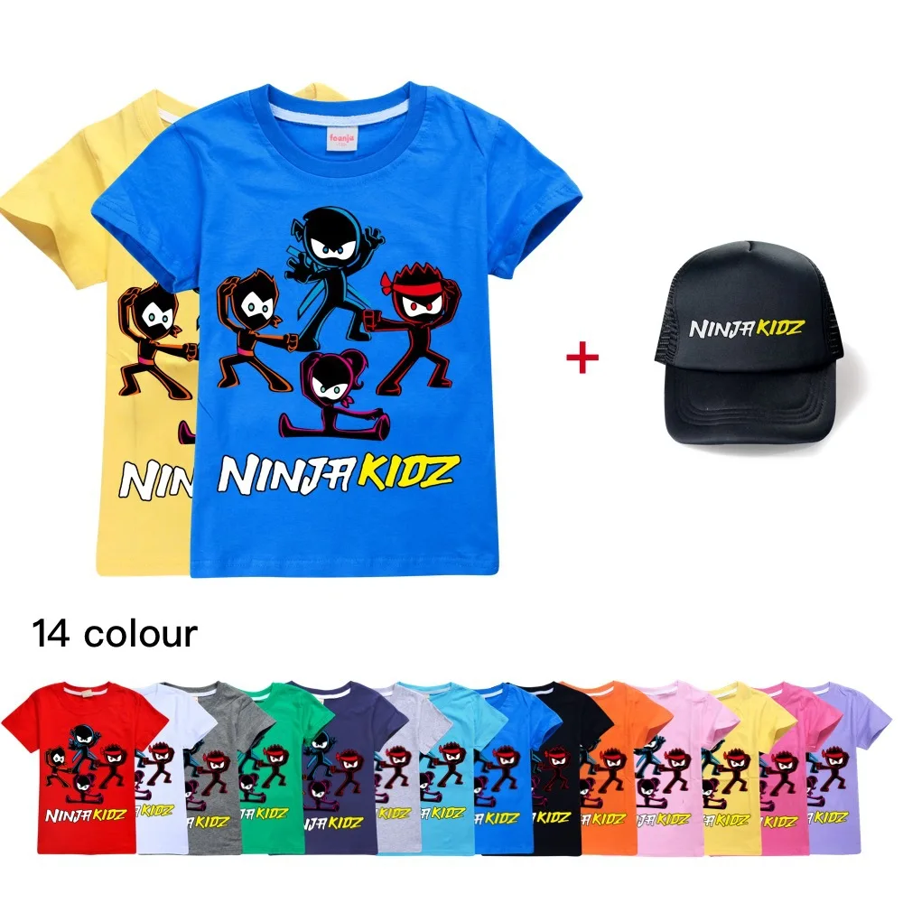 New Summer Ninja Kidz T Shirt Children Kawaii Cartoon 3D T-shirt For Boys Girls Kids Clothing Unisex Short Sleeves+sun hat