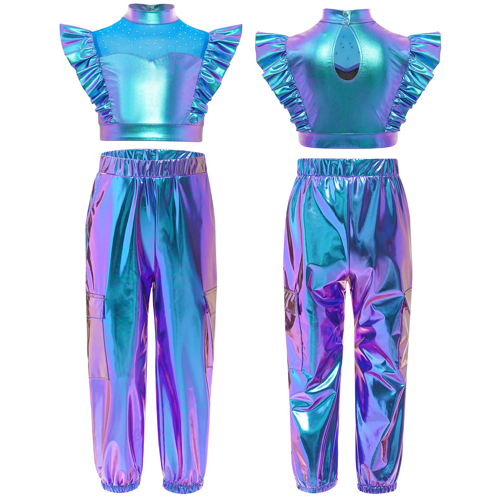 Kids Girls Streetwear Hip-Hop Jazz Dance Outfit Rhinestone Sleeveless Crop Top with Cargo Pants for Performance Birthday Party