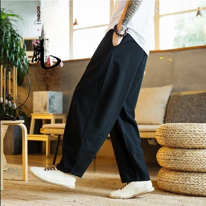 

Свободные брюки-фонарики Harlan из хлопка и льна, мужские повседневные брюки, одежда для тай-чи, дзен-буддийская монашеская одежда, длинные брюки, весна-лето