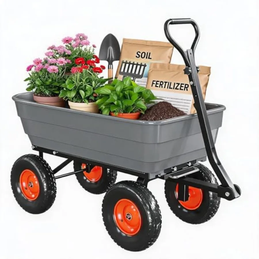 

Yard cart for soil and rocks poly material gray 1200 lb capacity with quick-dump towable convertible handle 13 in wheels