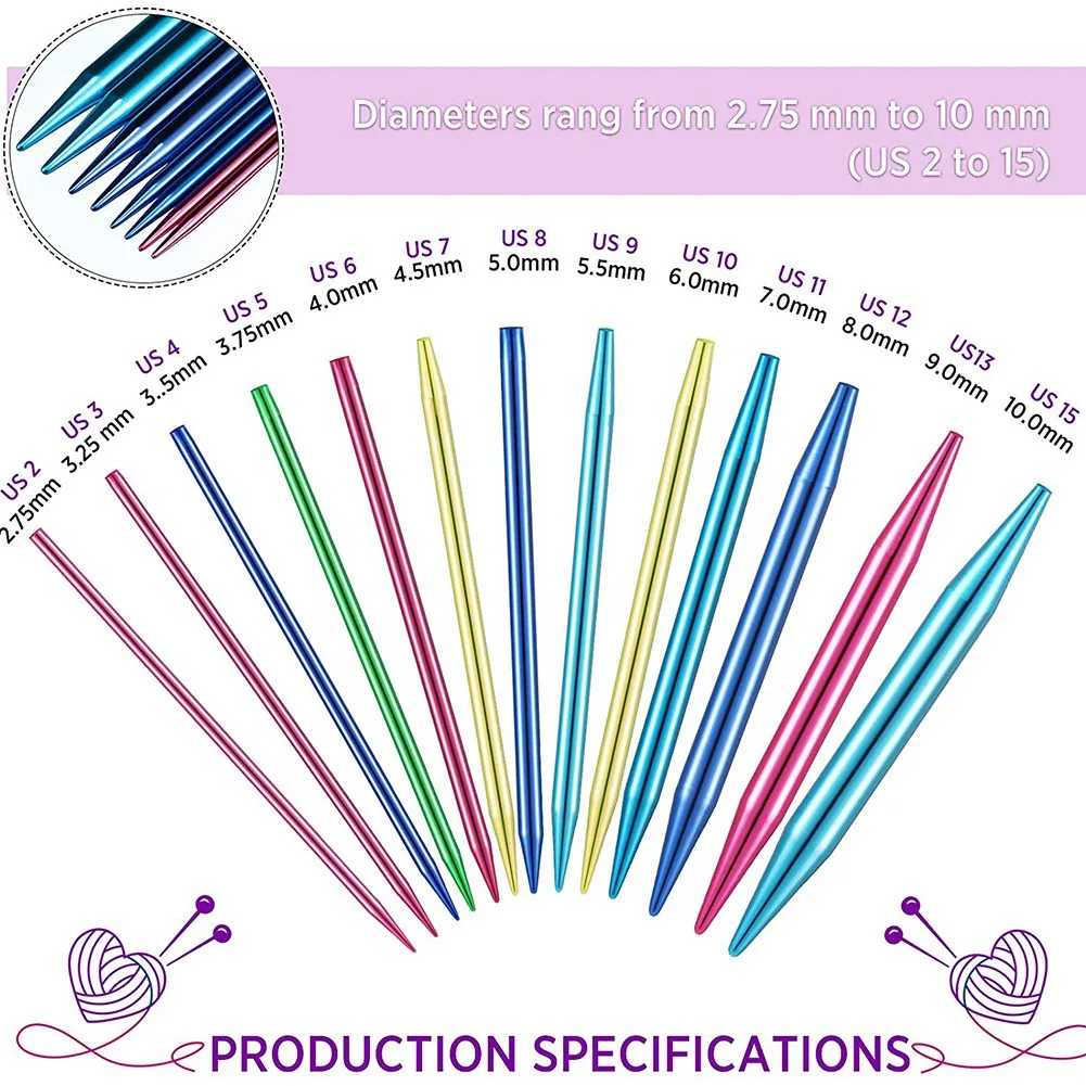 26 Pieces Aluminum Interchangeable Circular Knitting Needle Set,13 Size Interchangeable Crochet Needles for Knitting