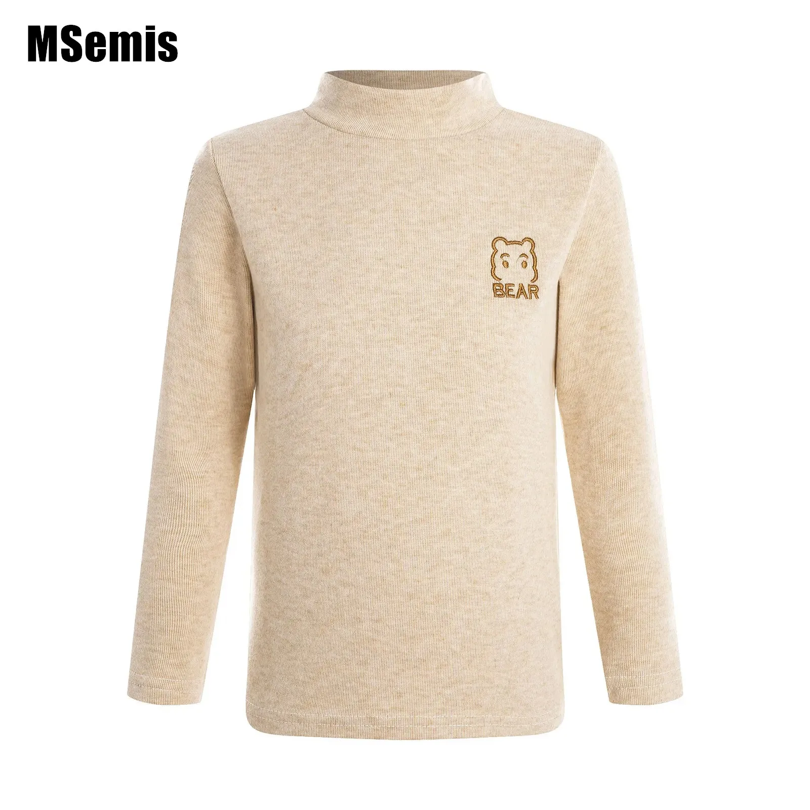 

Kids Girls Boys Cute Bear Undershirt Embroidery T-shirt Solid Color Mock Neck Long Sleeve Thermal Underwear Tops