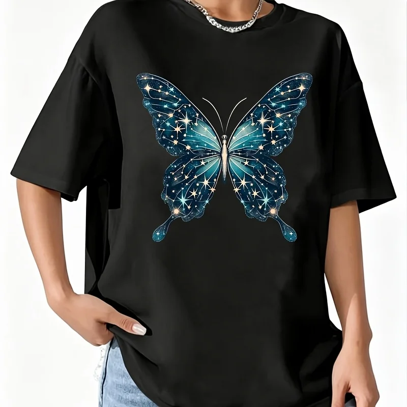 Space Stars Constellations Butterfly Art Women's 100% Cotton T-Shirt Fun Print Short Sleeve Top Casual Round Neck Tee S-5Xl