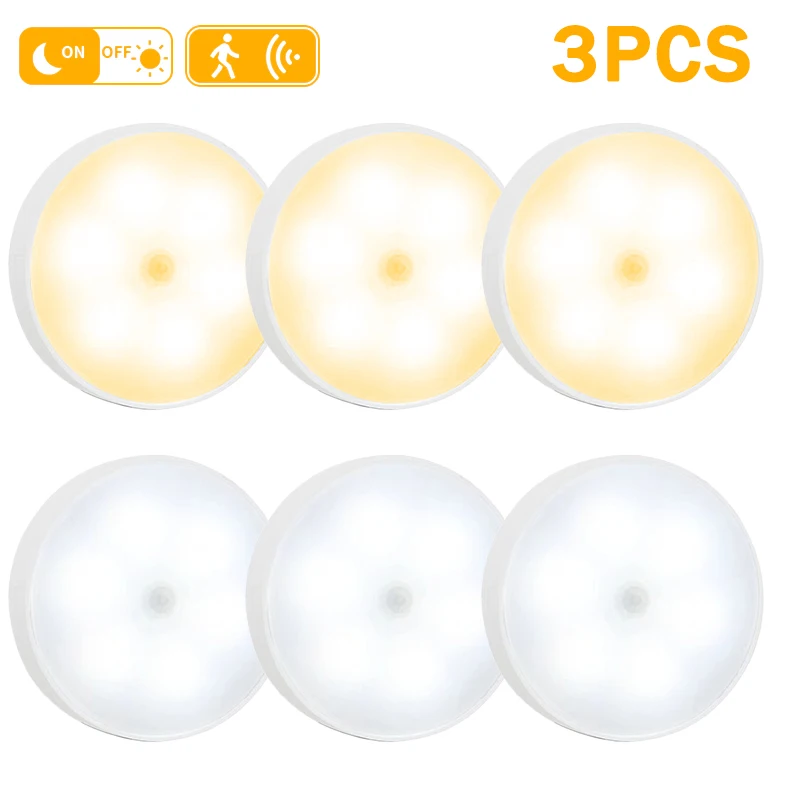 3Packs PIR Motion Sensor LED Night Light USB Rechargeable Night Lamp For Kitchen Cabinet Wardrobe Lamp Staircase Closet Light