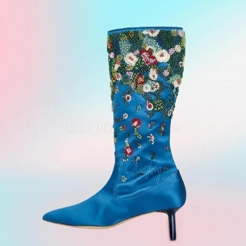 

Colorful Floral Embroidery Blue Pointed Toe Boots Slip On Women Shoes Thin High Heels New Party Banquet 2026 Zapatos Para Mujere