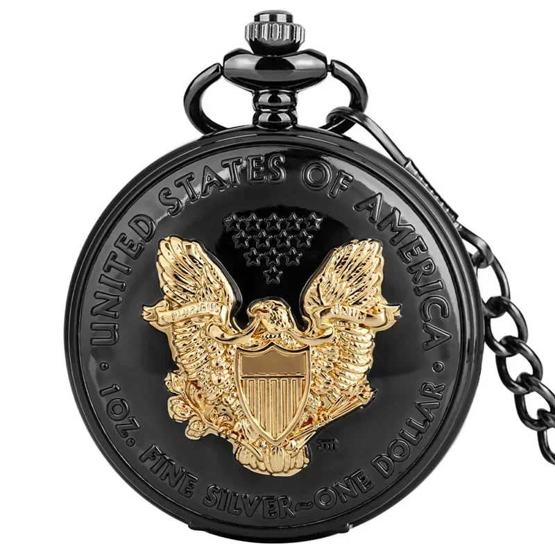 Steampunk United States Eagle Pattern Men Women Quartz Analog Pocket Watch Roman Number Display Necklace Pendant Chain Clock