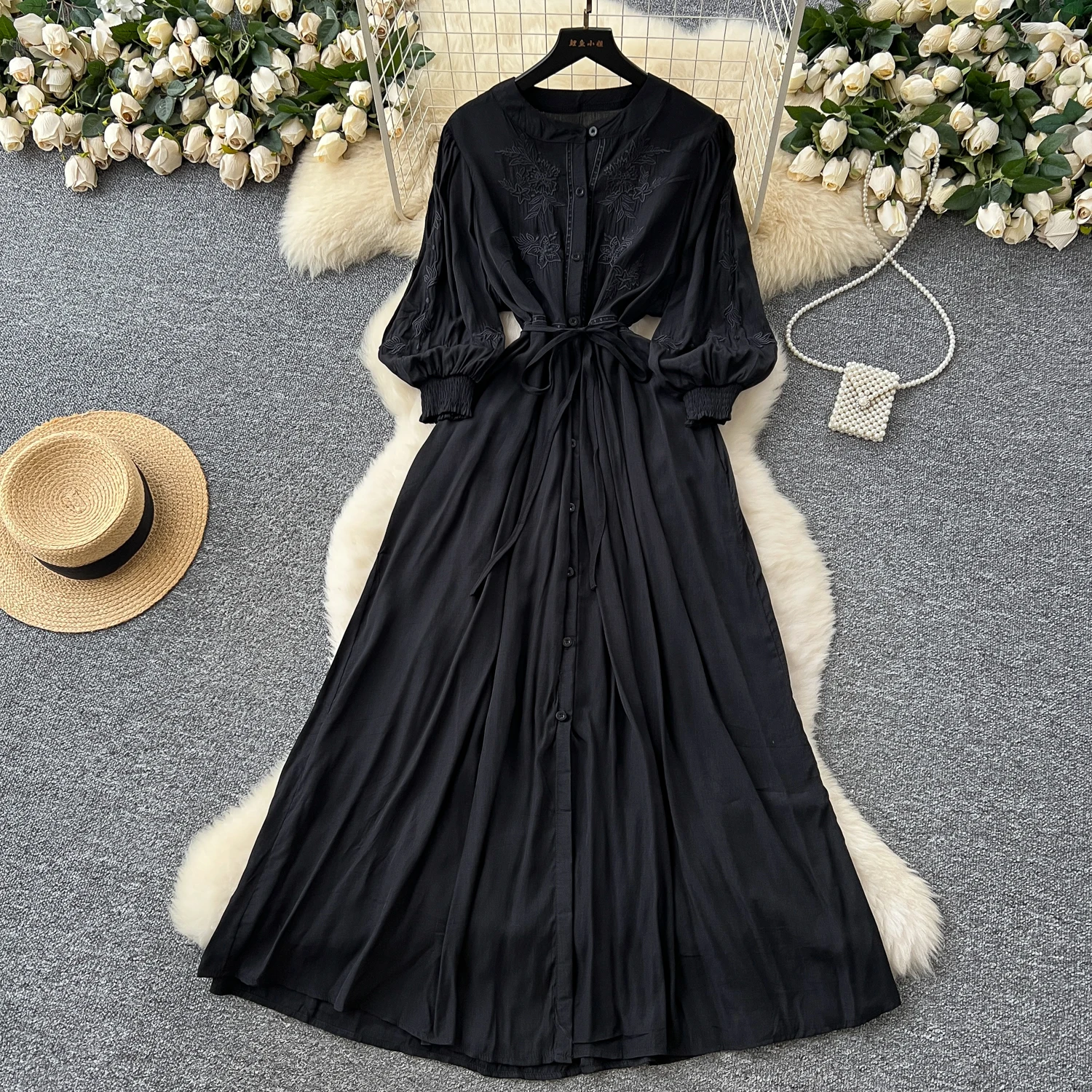 Vintage elegante geborduurde knoopjurk A-lijn chique casual strandvakantie dames zomerjurken