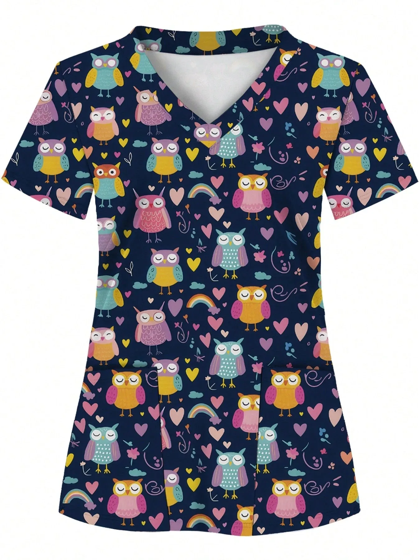 Summer Women's V-neck T-shirt, Printed Workwear Top, Animal Nurse Uniform Shirt with Pockets, Hospital Nursing Uniform view 5