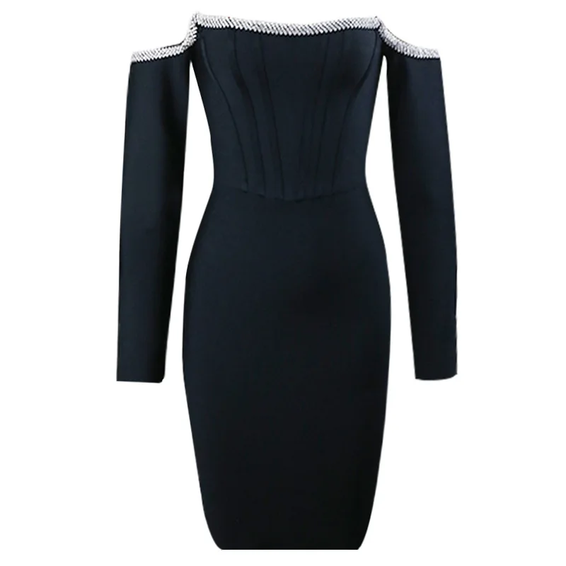 Dress Long Sleeve Black Fishbone Dress Women Rhinestone Sexy Off Shoulder Bodycon Party Dress Short Elegant Womens Party Dresses