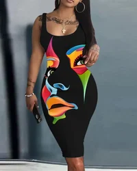 Vestido corto ajustado sin mangas con estampado de figuras abstractas para mujer, minivestido ajustado con cuello en U de cintura alta para primavera y verano