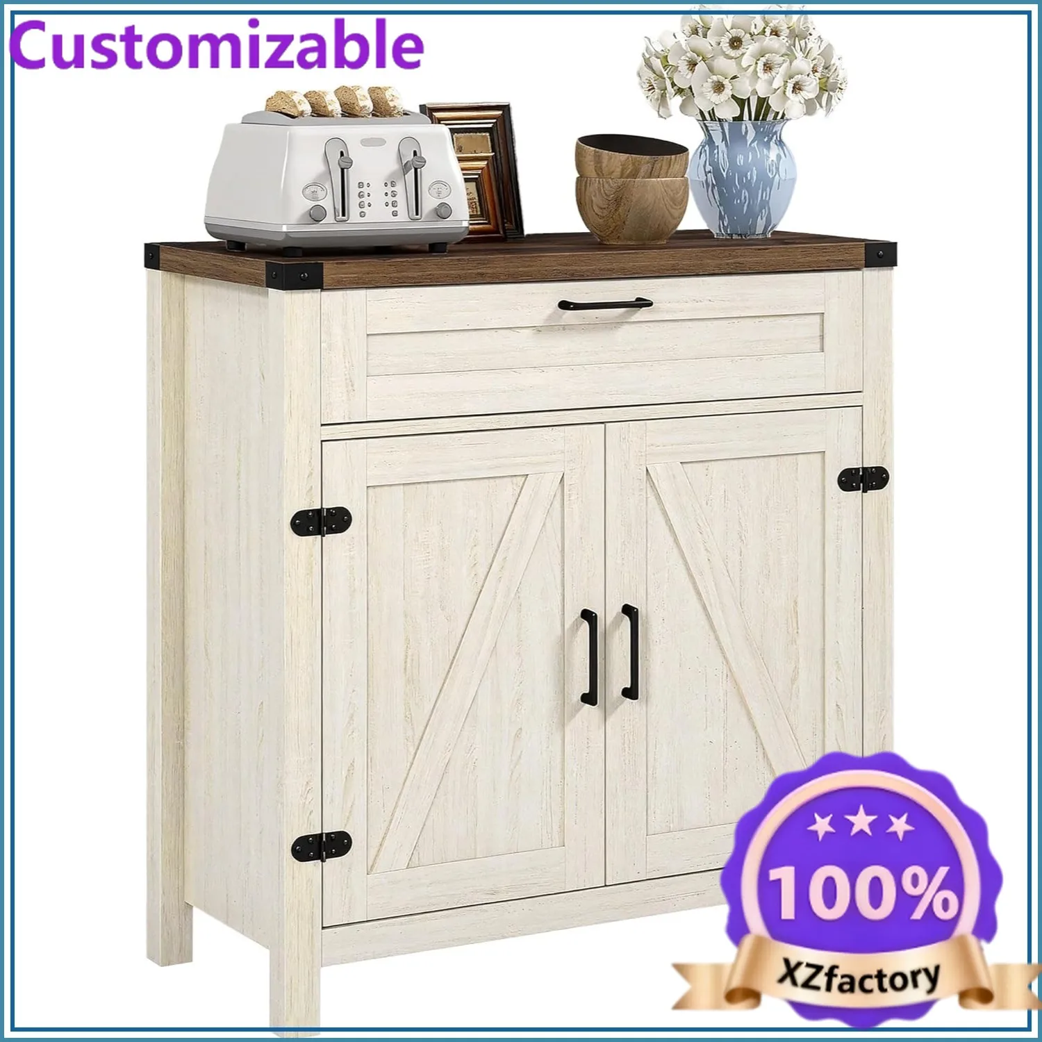 Factory Direct 2026 Sideboard Storage Cabinet 2 Barn Doors Drawer Farmhouse Buffet Distressed White