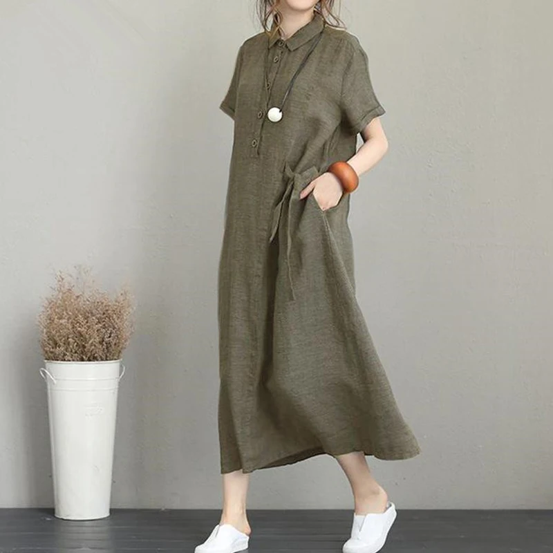 2023 Women New Summer Cotton Linen Lapel Pockets Loose Casual Vintage Dresses Short Sleeve Oversized Long Dress