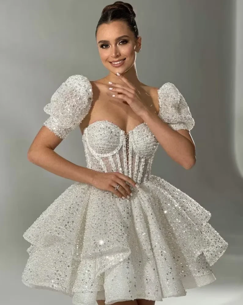 Sweetheart A-Line Short Homecoming Dress With Sleeves Sparkly Sequined Formal Mini Prom Gowns For Wedding Party Evening Gala