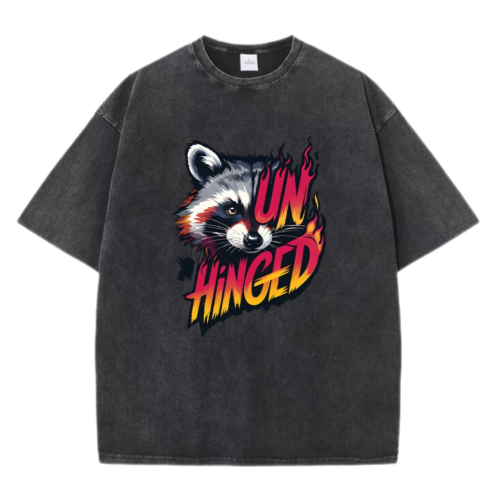 

Un Hinged Raccoon Design Men Washed T-Shirt Casual Comfortable Short Sleeve Loose Crewneck Top Cotton Fashion Man T Shirts
