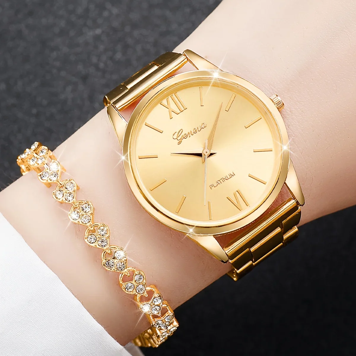2pcs/set Golden Fashion Quartz Watch Business Minimalist Steel Band Wrist Watch & Bracelet, Gifts For Women Her image 4
