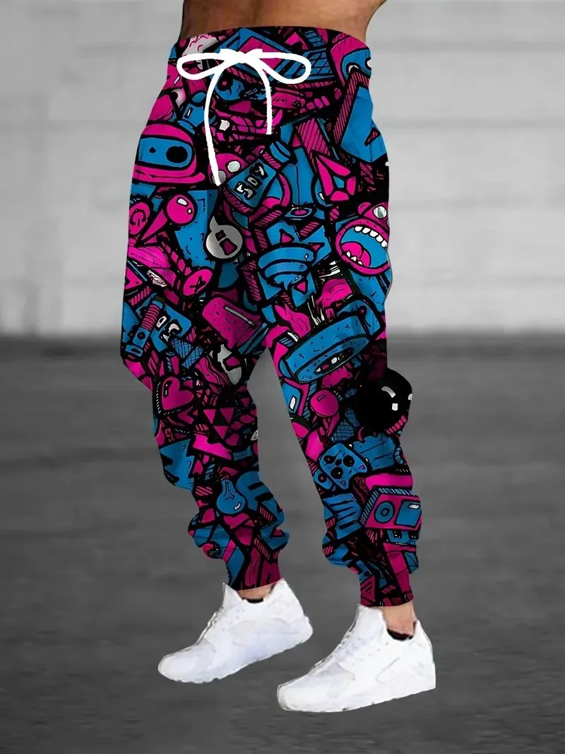 As novas calças masculinas para o outono de 2025 apresentam estampas de padrão de desenho animado 3D simples e elegantes de rua casual