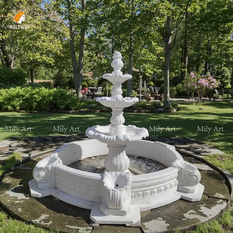 Hand Carved Classic Outdoor Park Natural Marble Tier Marble Round Fountain for Sale