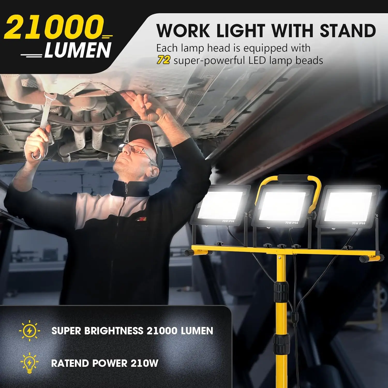 21000Lumen LED Work Lights with Stand - 3 Head Portable Work Light with 16FT Cord - IP66 Waterproof Tripod Worklights for Outdoo