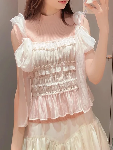 

Sweet Knot Thin Gauze Pleated Silk Tight Strap Top New Summer 2024 Japanese Style Women's Lace Shirt/Chiffon