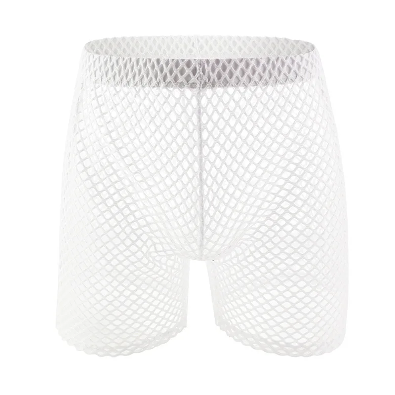 Mens Fishnet Mesh 5/4 Length Shorts Sheer Hollow Out See-Through Lingerie Breathable Casual Sleepwear Full Transparent Nightwear